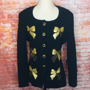 Vintage 90's Marisa Christina Black Wool Sequin Bow Holiday cardigan Sweater
